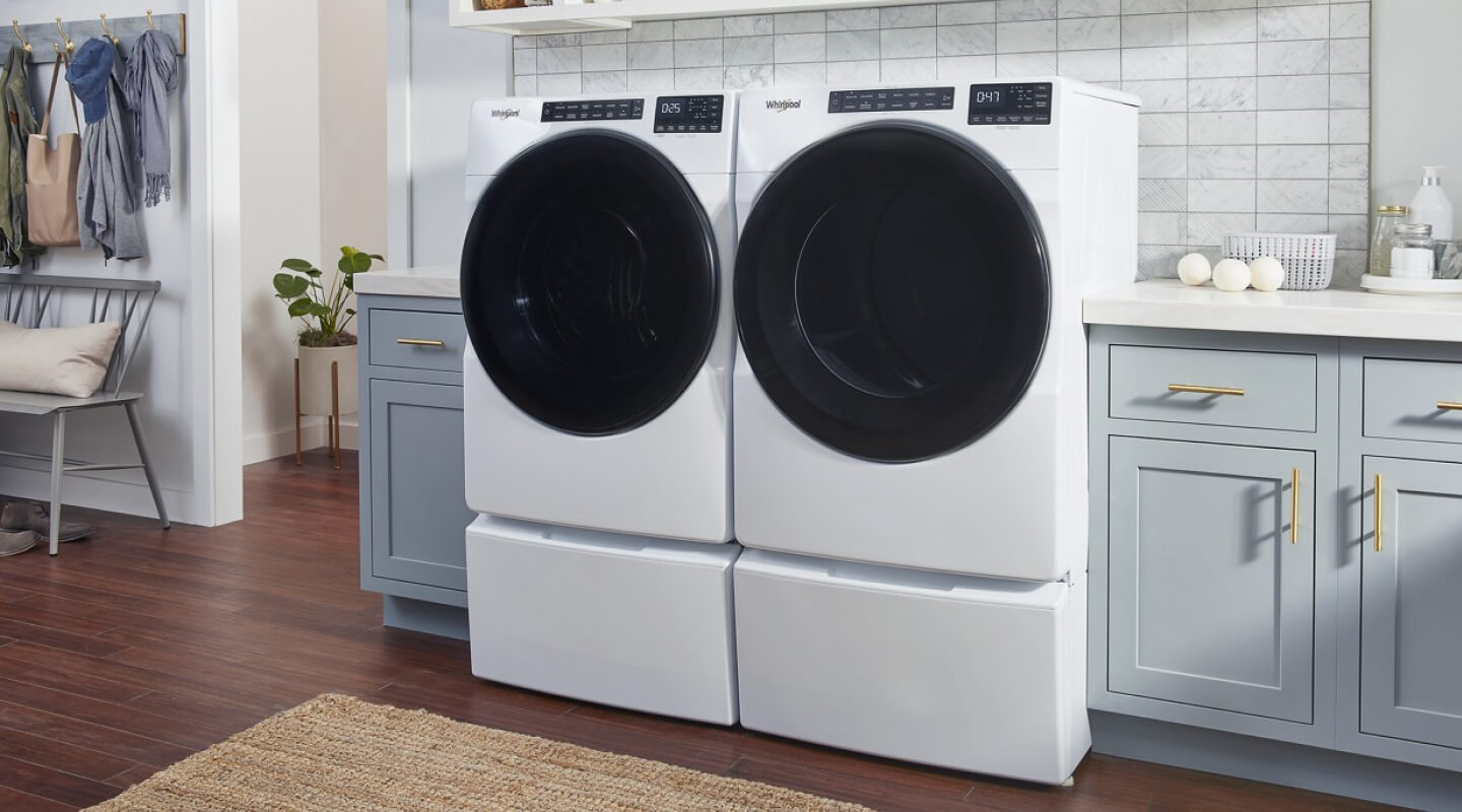 White Whirlpool® Front-Load Washer and Dryer pair