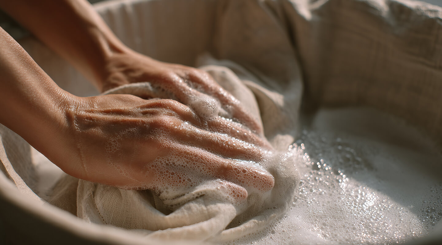 Hands washing a garment in soapy water
