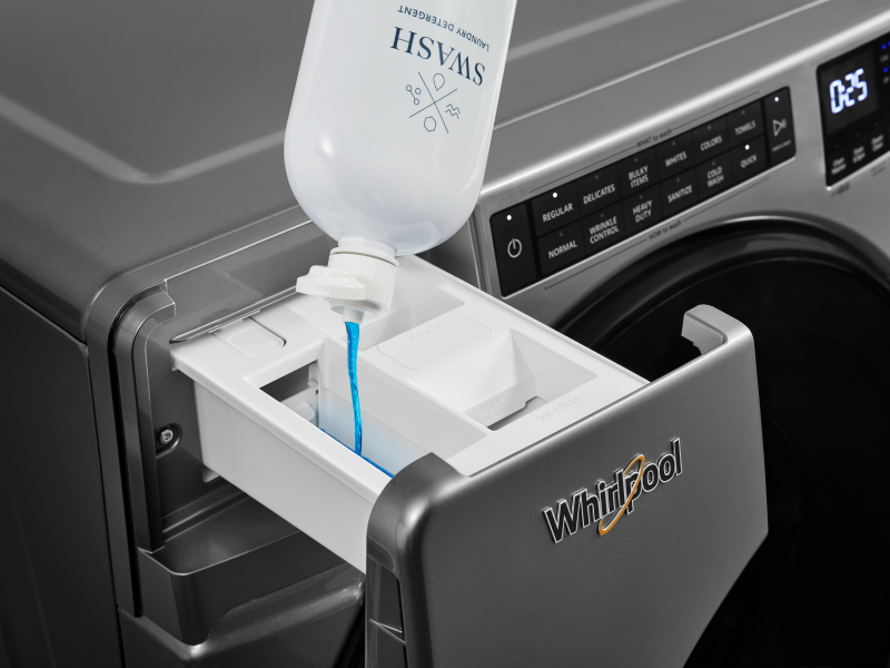 Swash® detergent being poured in a detergent drawer Swash® detergent being poured in a detergent drawer