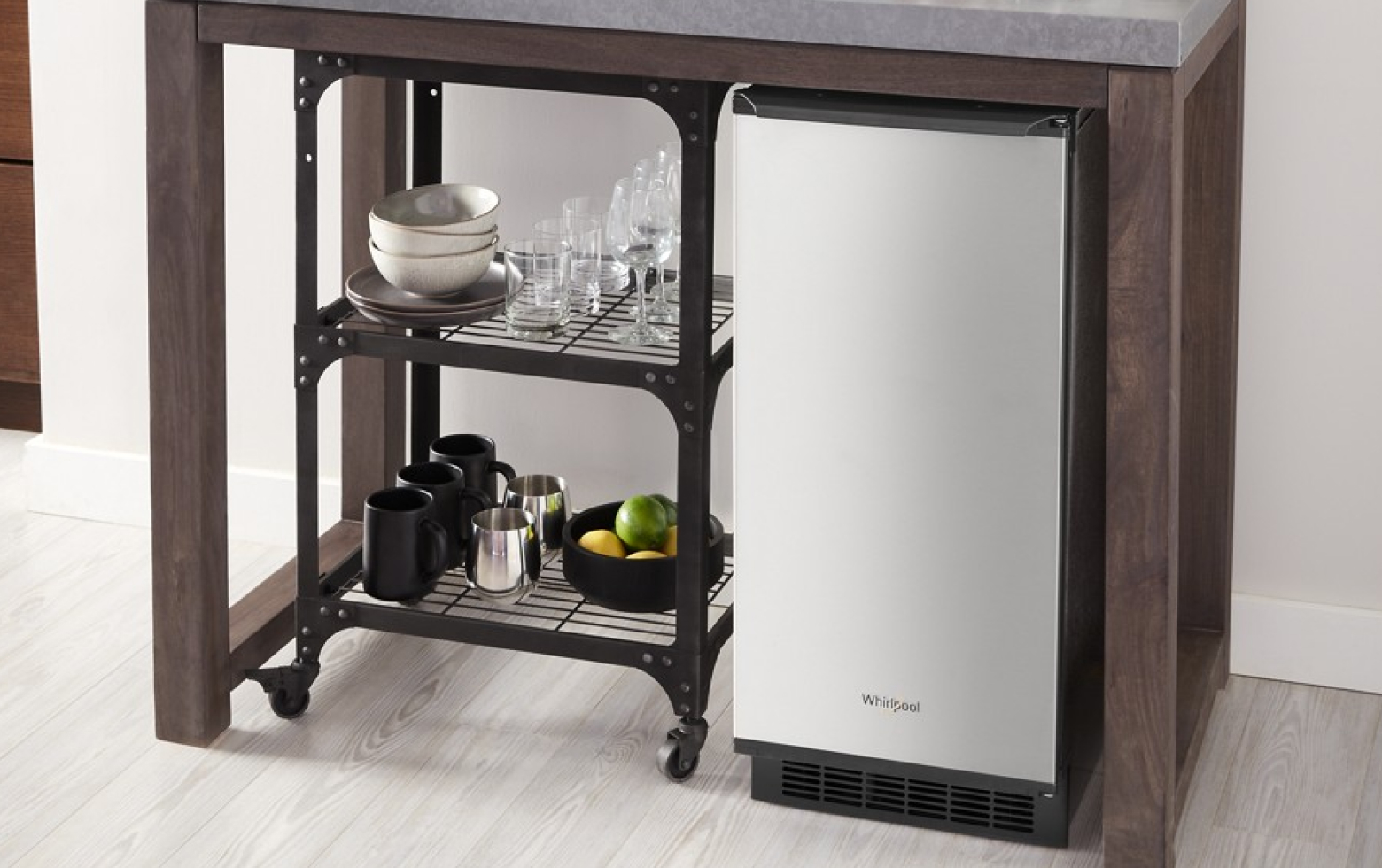 Gray kitchen featuring Whirlpool® stainless steel appliances Stainless steel freestanding ice maker