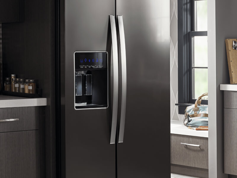 Gray side-by-side refrigerator with external ice maker