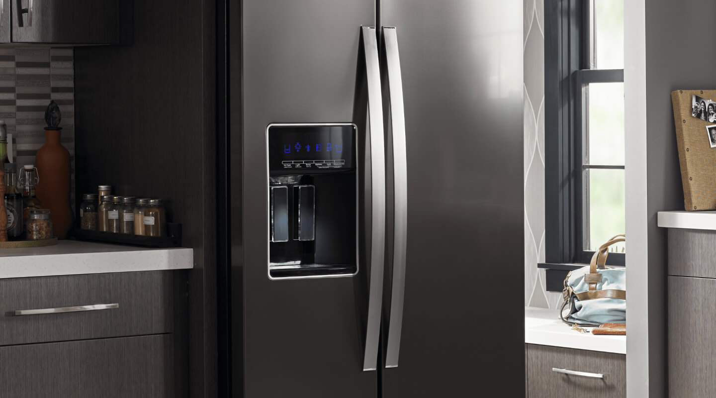 Gray side-by-side refrigerator with external ice maker