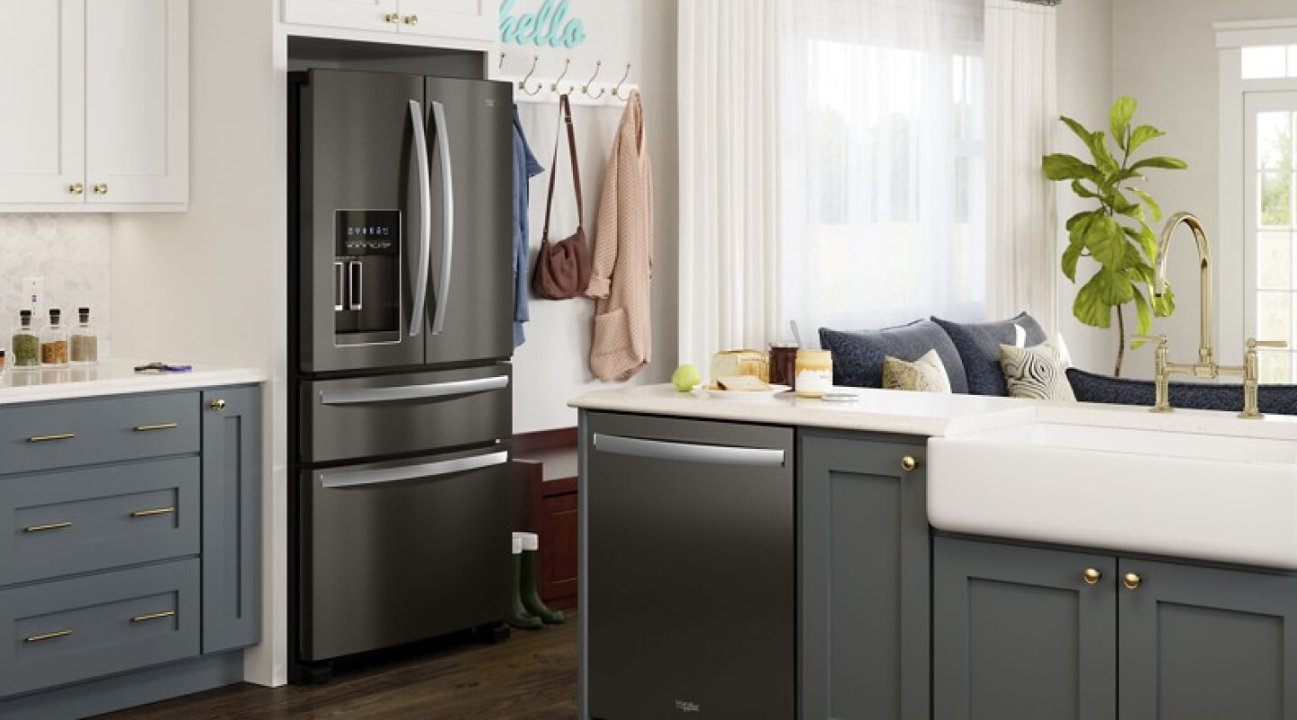 Whirlpool® French Door Refrigerator in white cabinetry