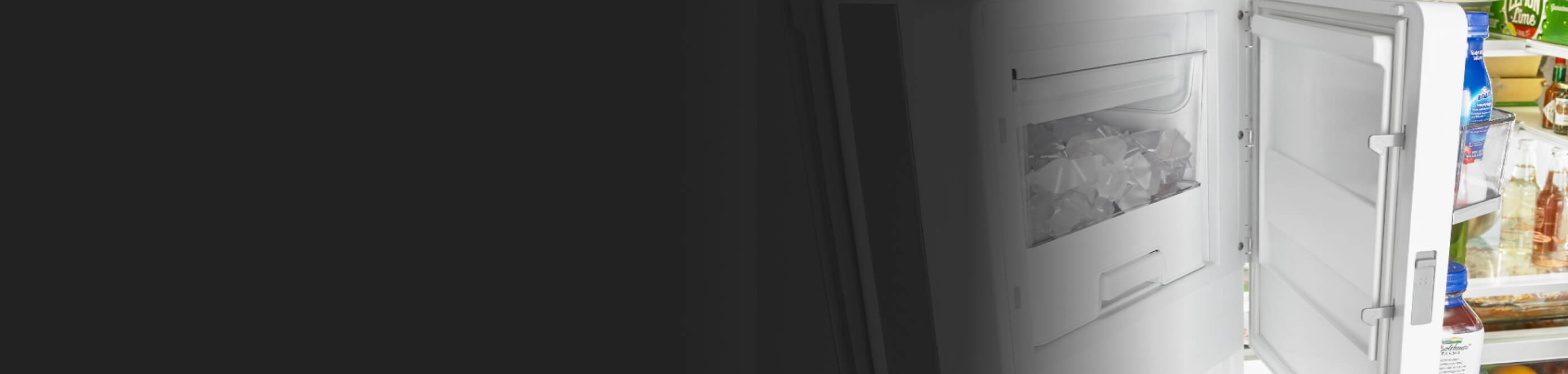 Close-up of open in-door ice bin full of ice