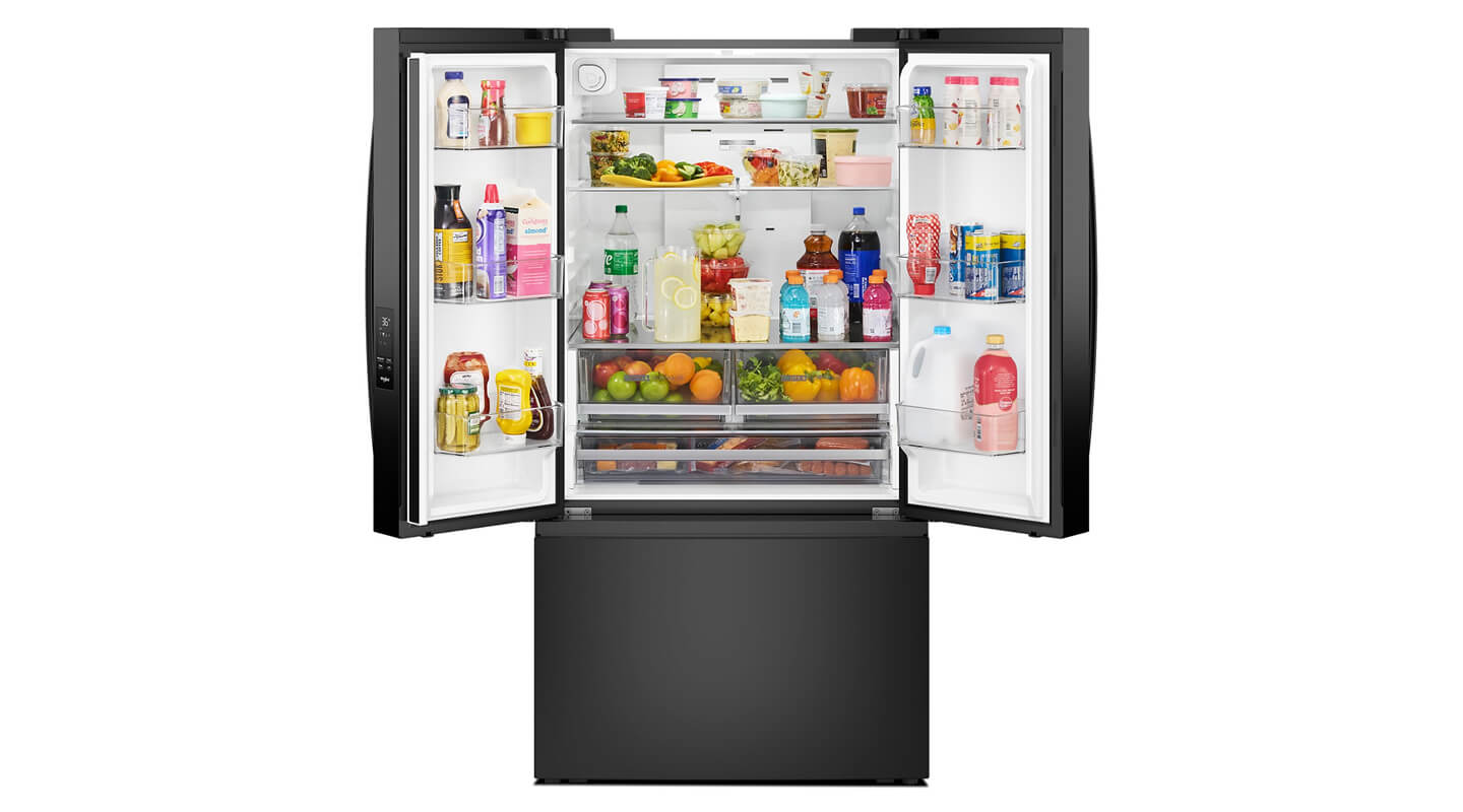 French door refrigerator with both sides open