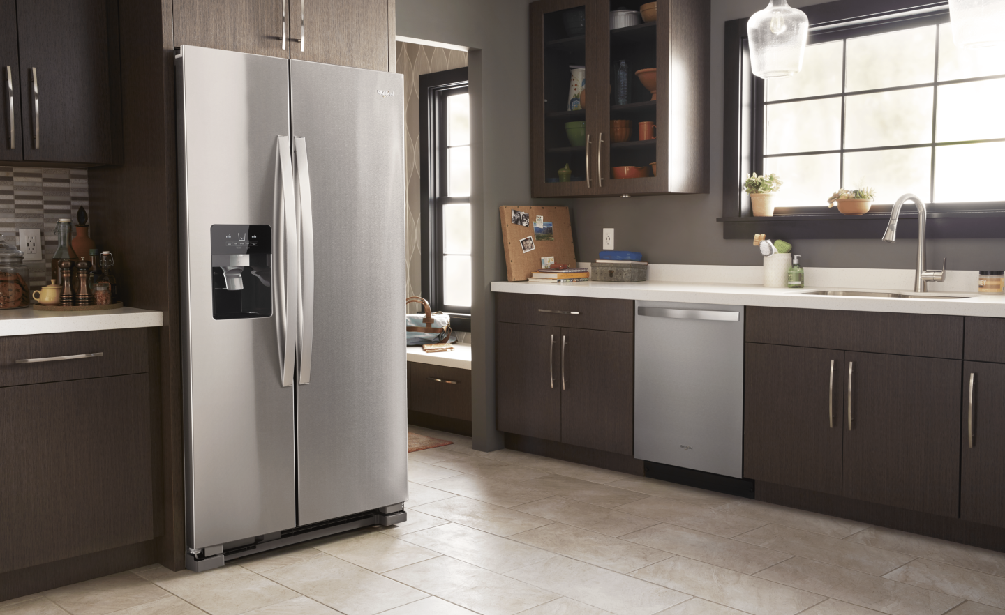 Modern kitchen with stainless steel side-by-side refrigerator Modern kitchen with stainless steel side-by-side refrigerator
