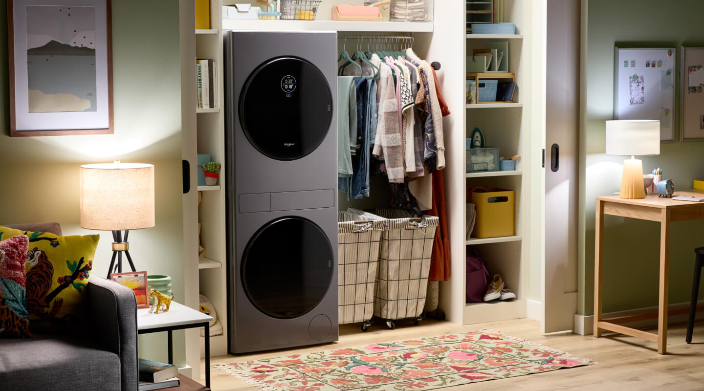 A Whirlpool® Laundry Tower in a laundry closet