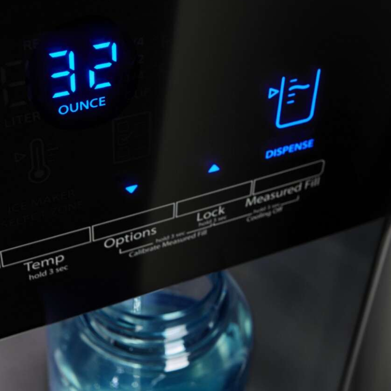Close-up of a refrigerator water dispenser using the Measured Fill option