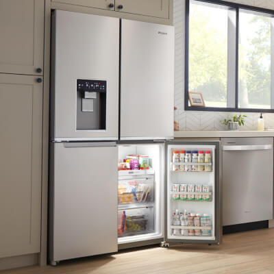 Whirlpool® 4-Door Refrigerator with bottom right compartment open