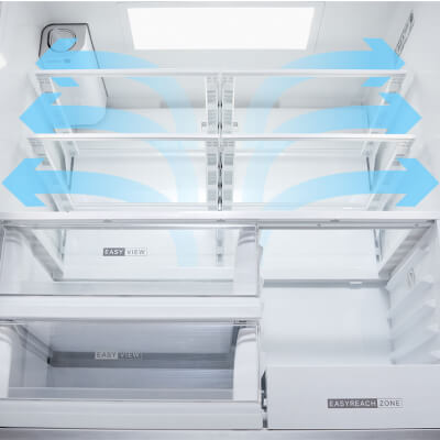 Refrigerator interior with arrow overlays demonstrating cooling