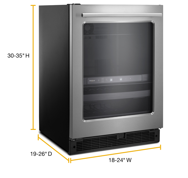 An upright mini fridge with the dimensions displayed