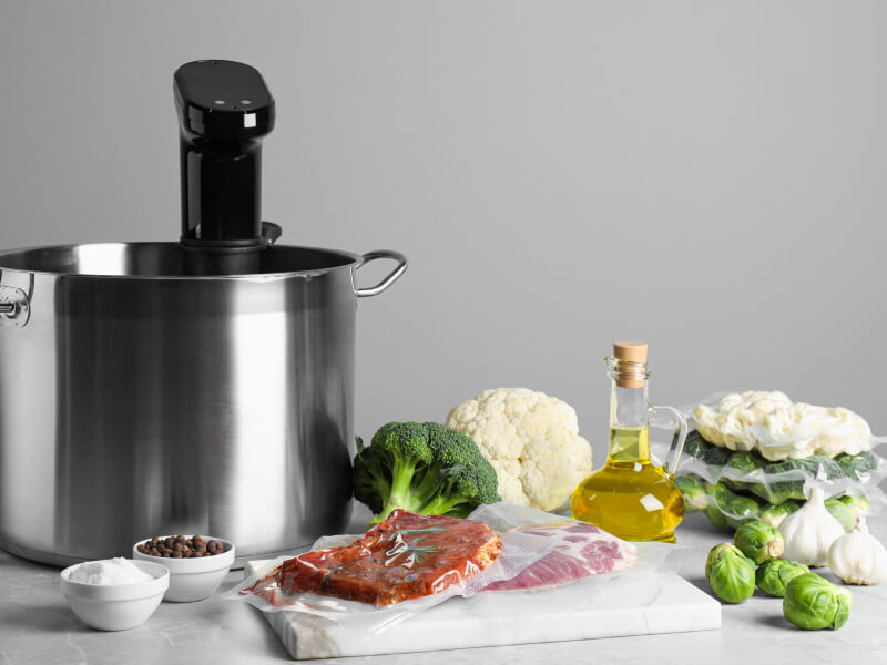 Preparing vegetables and meat for sous vide cooking
