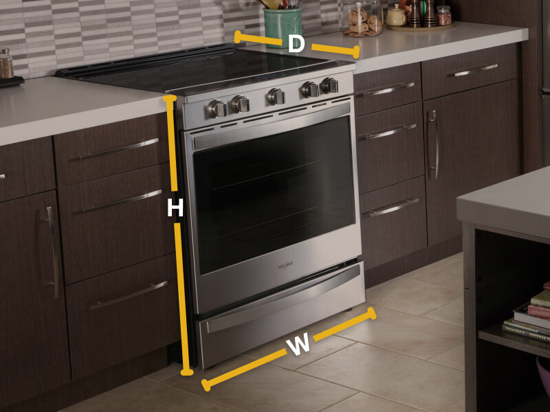 Slide-in range in modern kitchen with dimensions