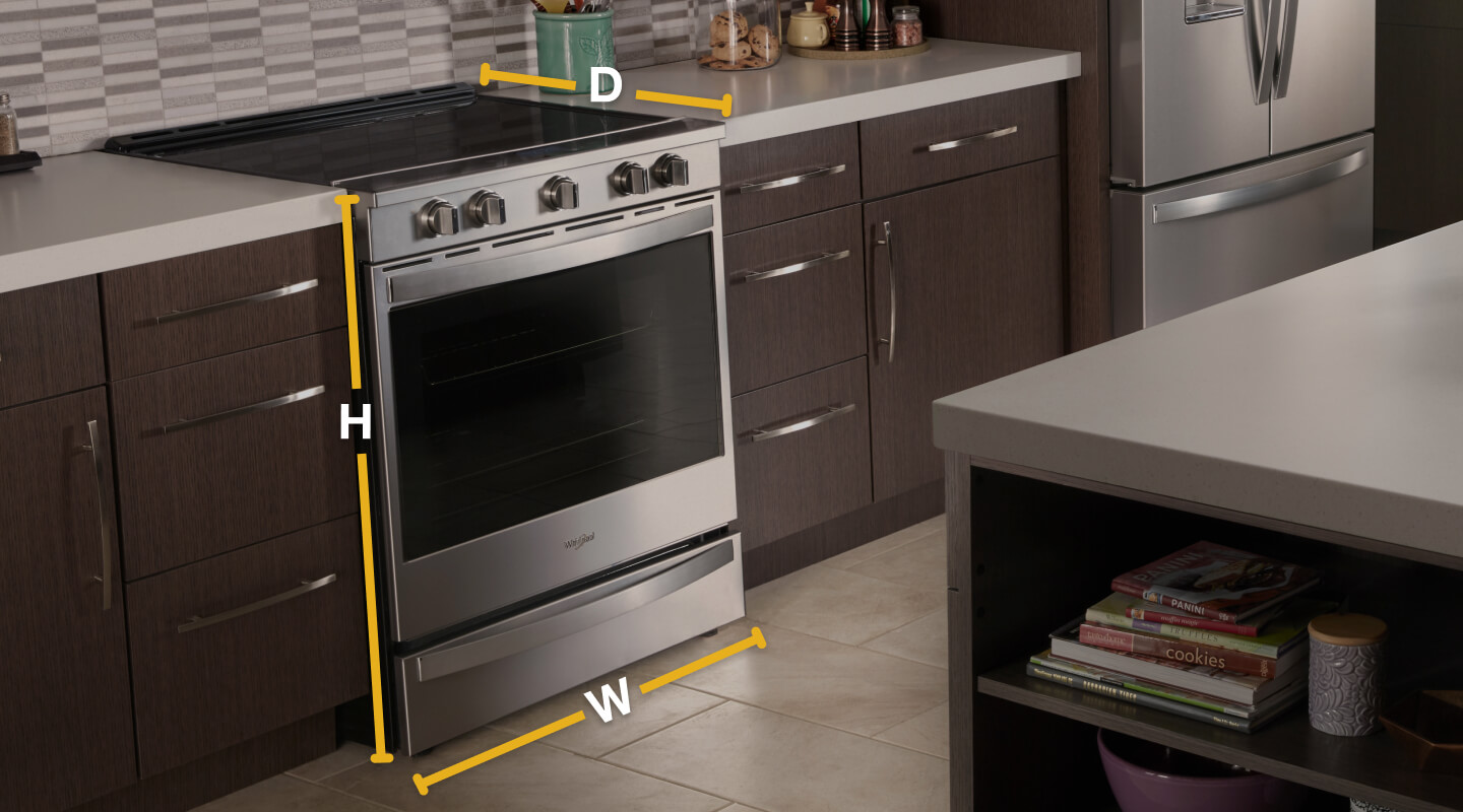 Slide-in range in modern kitchen with dimensions