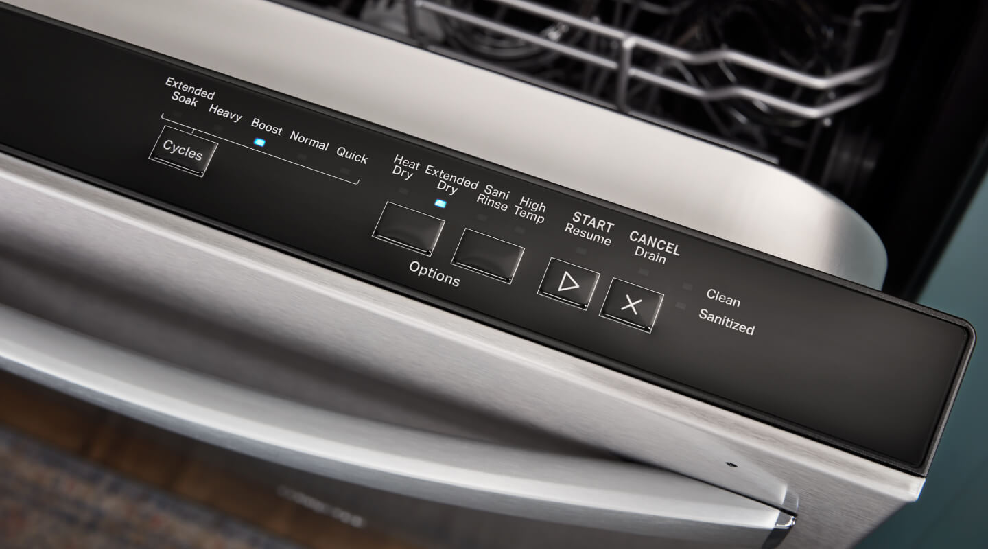A closeup shot of the controls on a Whirlpool® Dishwasher