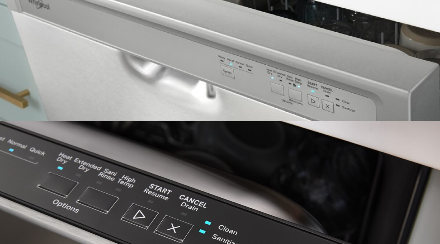 Side-by-side images of a front control dishwasher and a top control dishwasher Side-by-side images of a front control dishwasher and a top control dishwasher