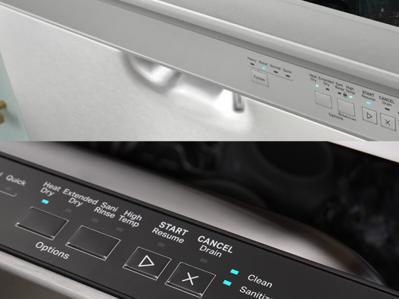 Side-by-side images of a front control dishwasher and a top control dishwasher Side-by-side images of a front control dishwasher and a top control dishwasher