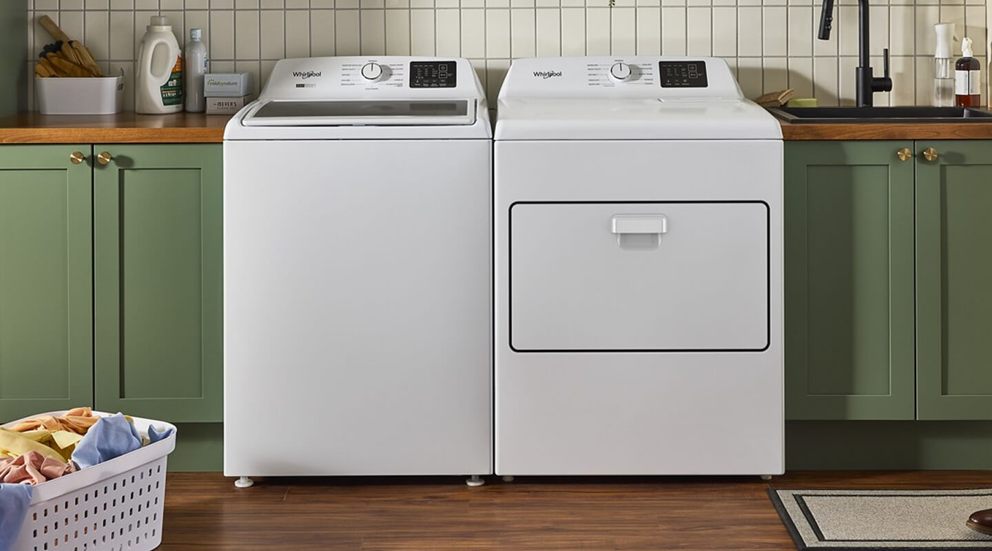 Washer and dryer set in a laundry room