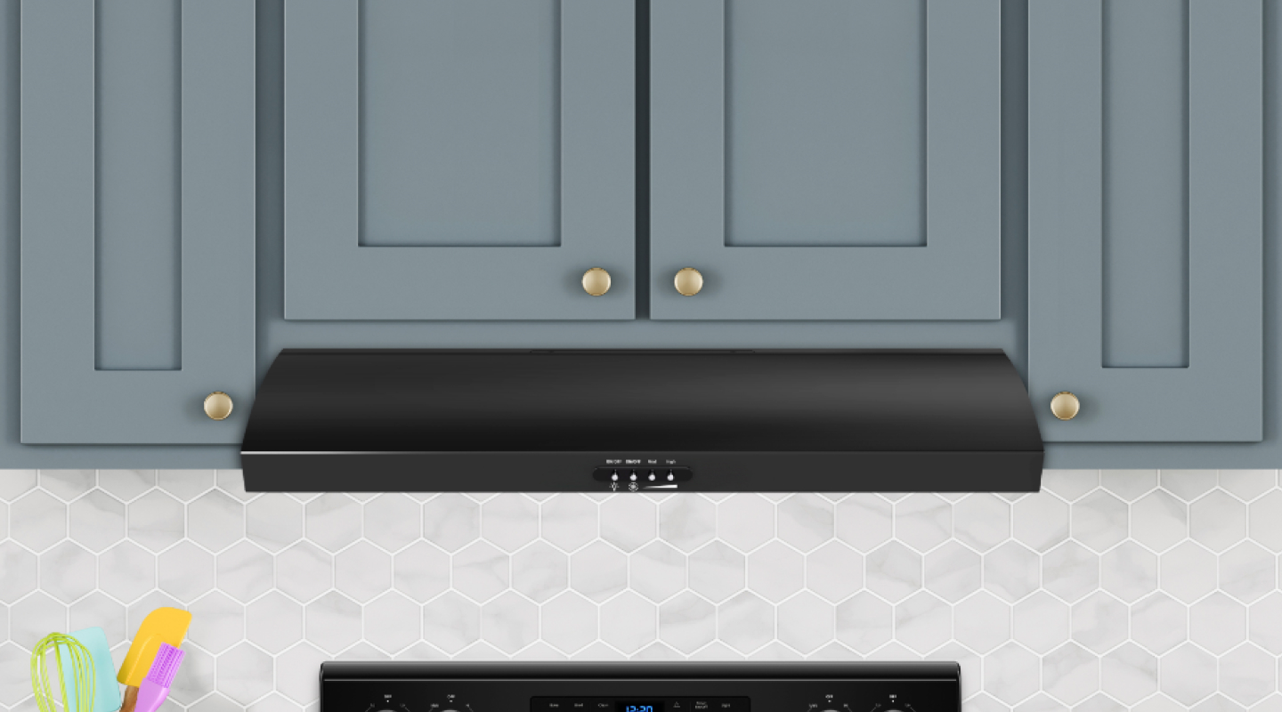 Black undercabinet hood under blue shaker cabinets Black undercabinet hood under blue shaker cabinets