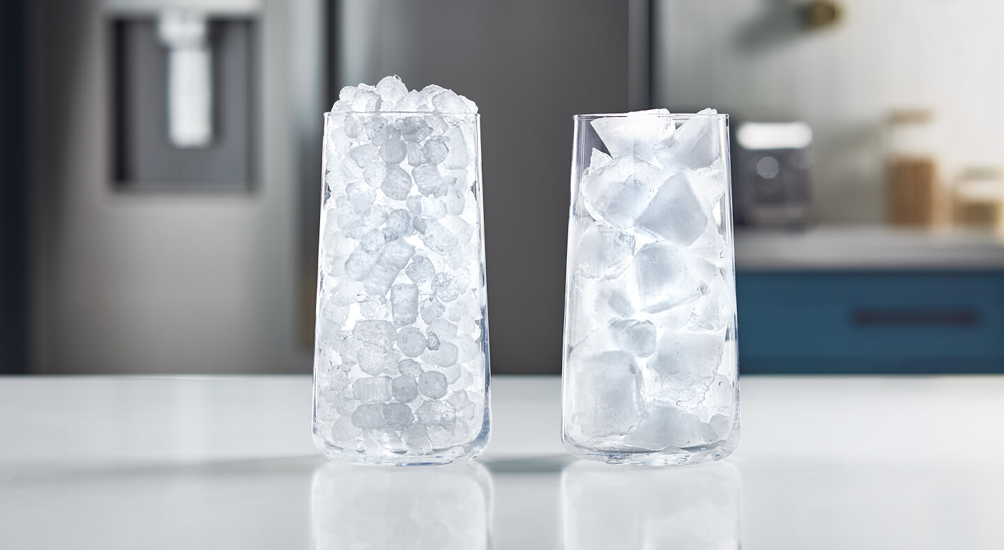 A glass full of nugget ice next to a glass full of traditional ice
