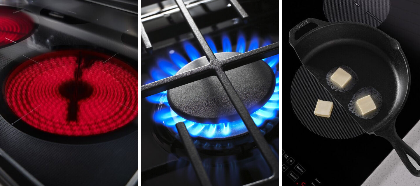 A closeup of electric, gas and induction cooking elements A closeup of electric, gas and induction cooking elements
