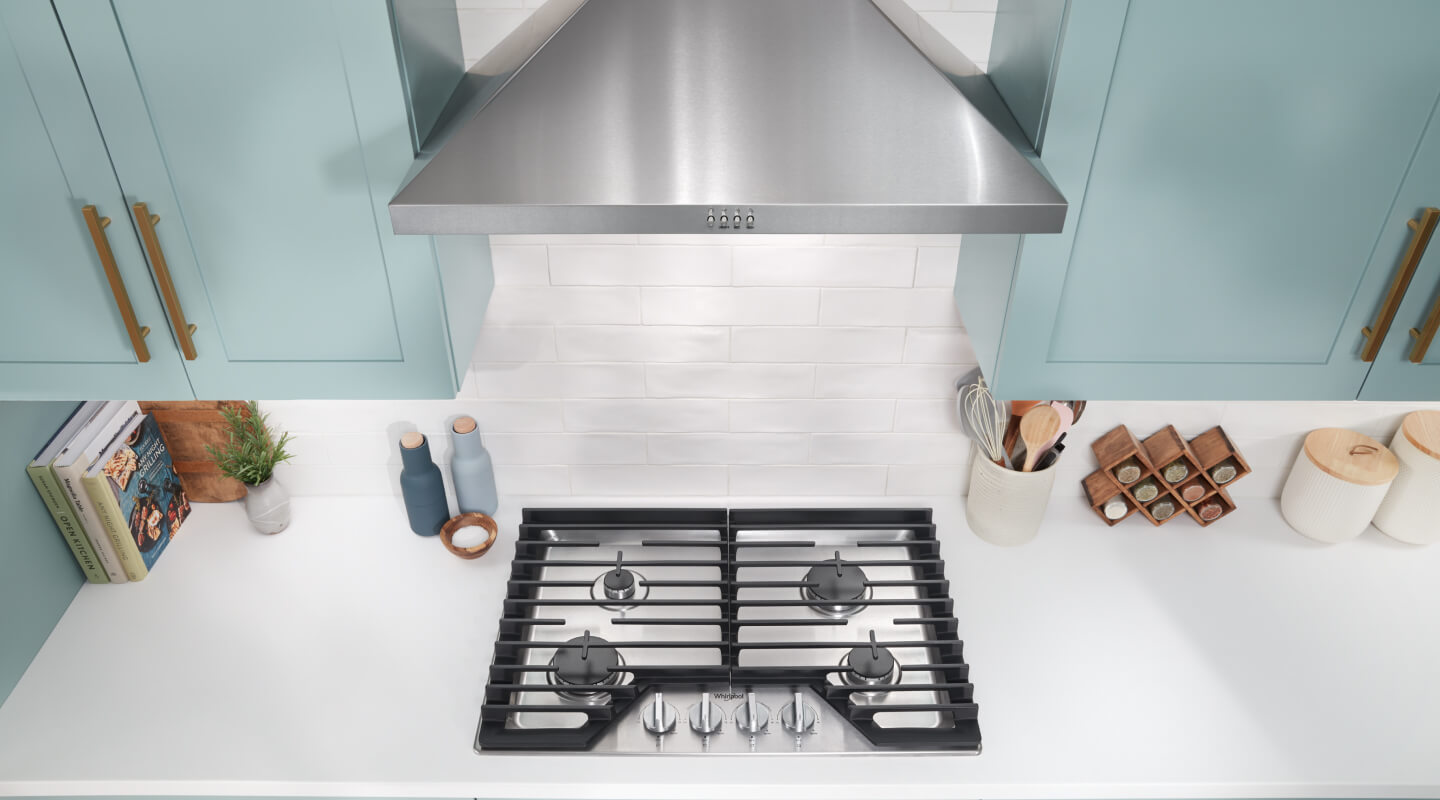  An overhead view of a wall mount range hood