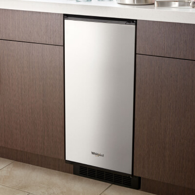 Whirlpool brand icemaker with a stainless finish