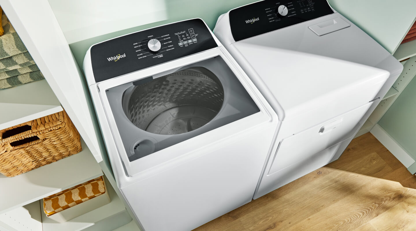 Overhead view of a top load washer and dryer set