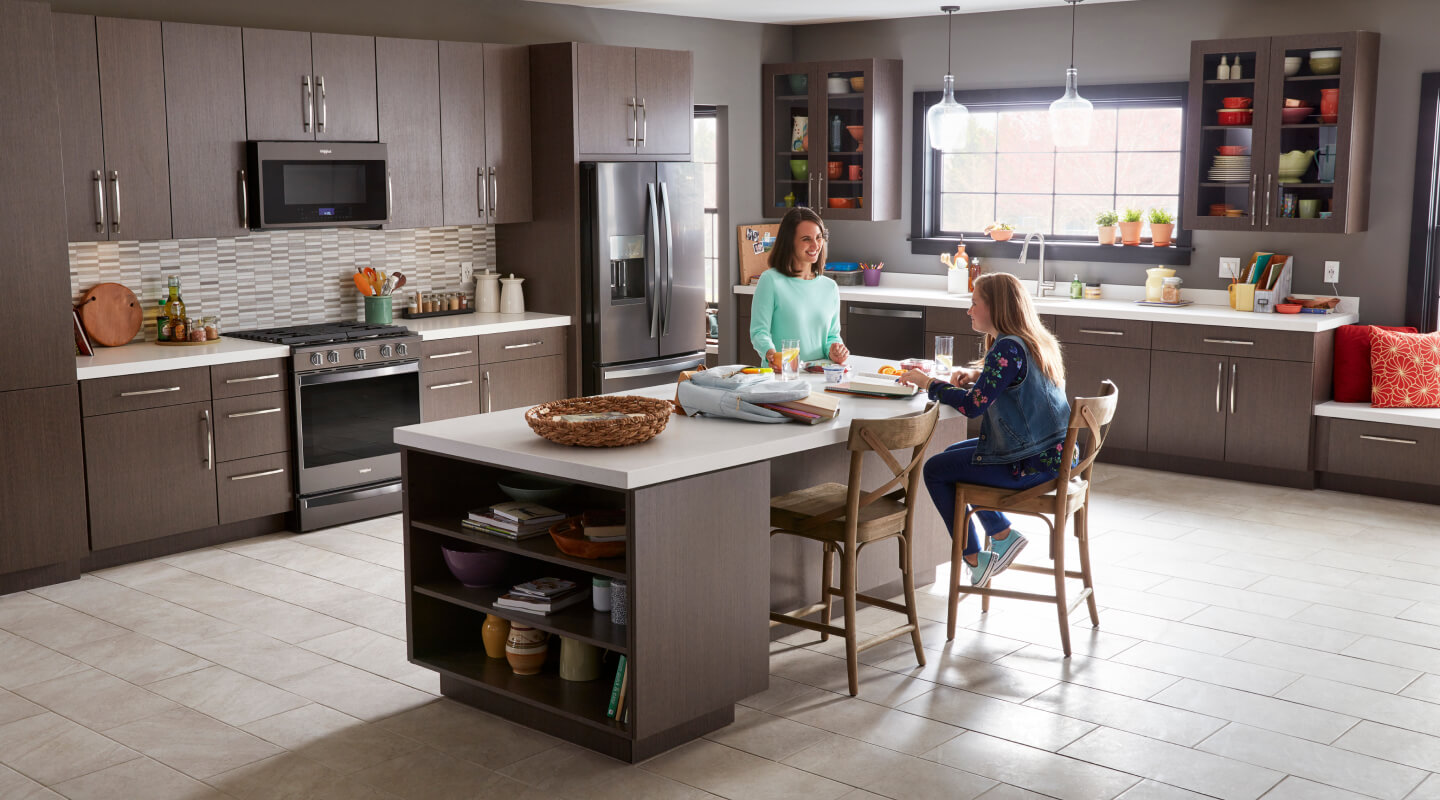 Two women sitting around a kitchen island