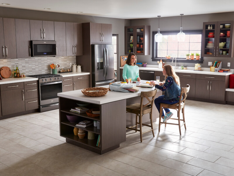 Two women sitting around a kitchen island