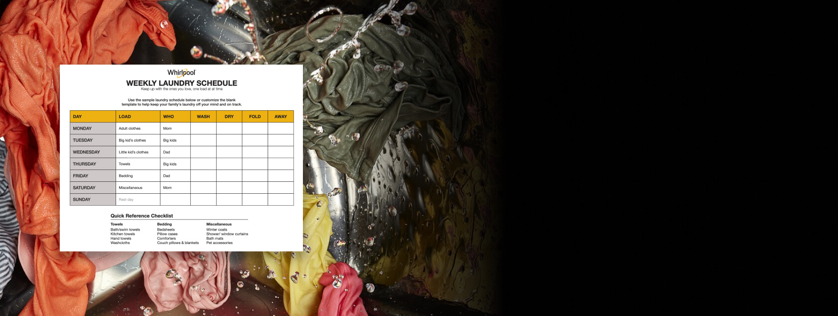 A printed laundry schedule superimposed over an image of laundry in a running washing machine