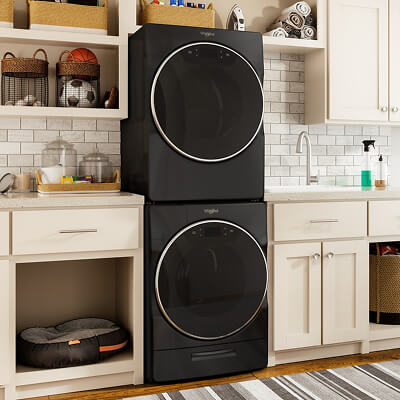 A stackable washer and dryer set by Whirlpool brand