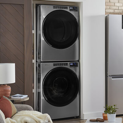 A stainless steel, stackable washer and dryer set by Whirlpool brand