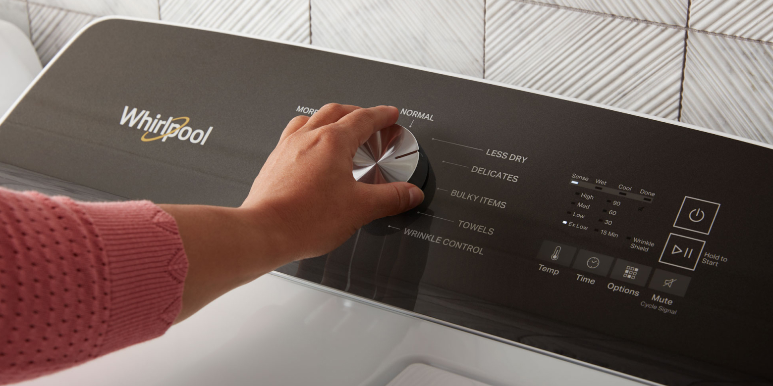 A closeup image of a dryer control panel