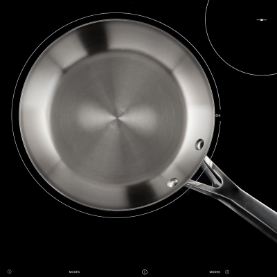 An overhead view of a pan on an induction cooktop