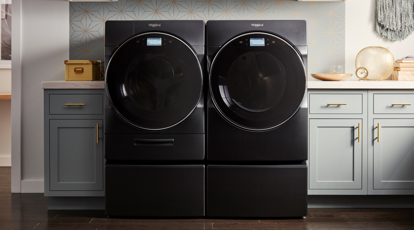 A Whirlpool® Washer and Dryer pair in Black Shadow