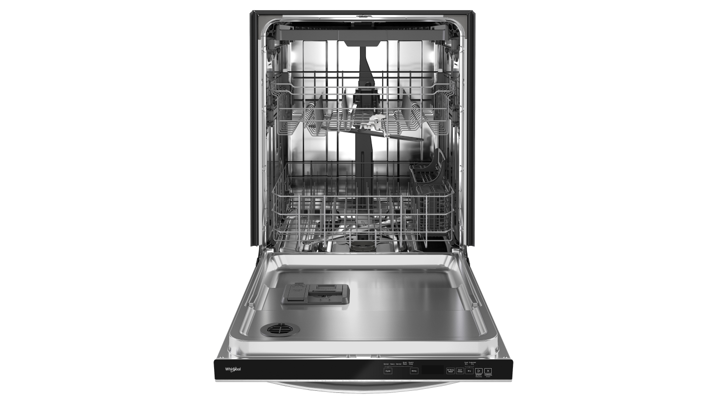An open, empty stainless steel Whirlpool® dishwasher