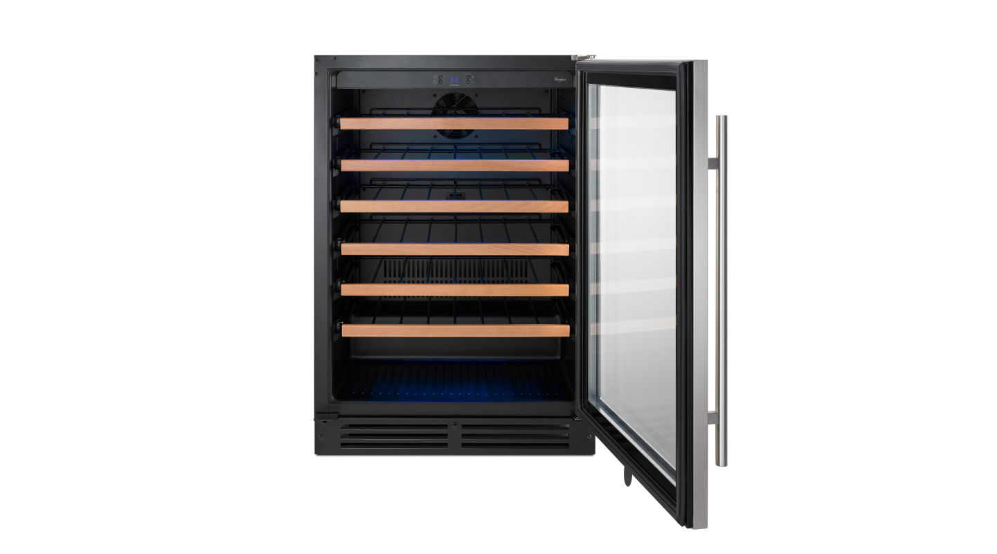 An open, empty Whirlpool® wine refrigerator