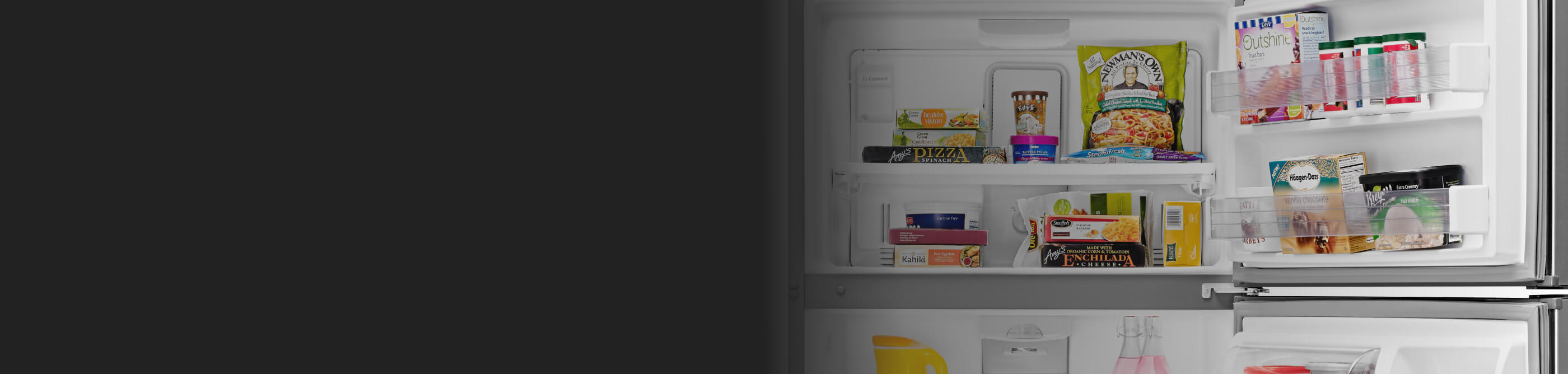 A Whirlpool® freezer with a variety of frozen foods inside