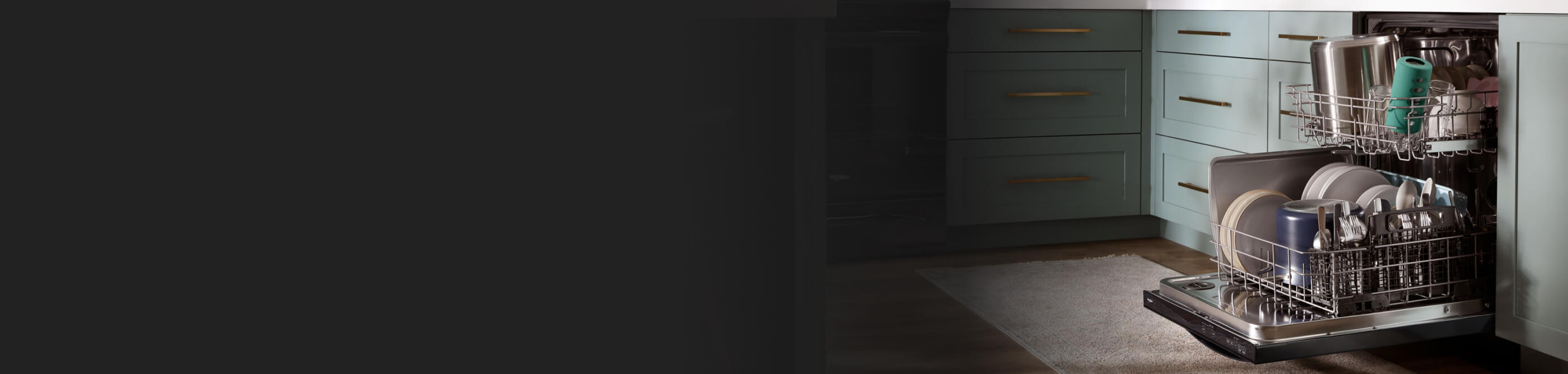 Open dishwasher in a brightly colored kitchen