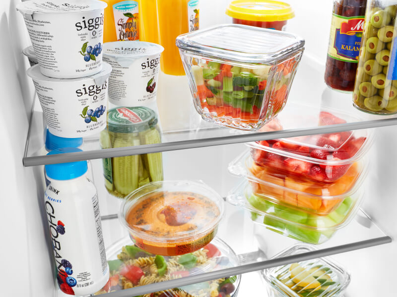 Stocked refrigerator shelves