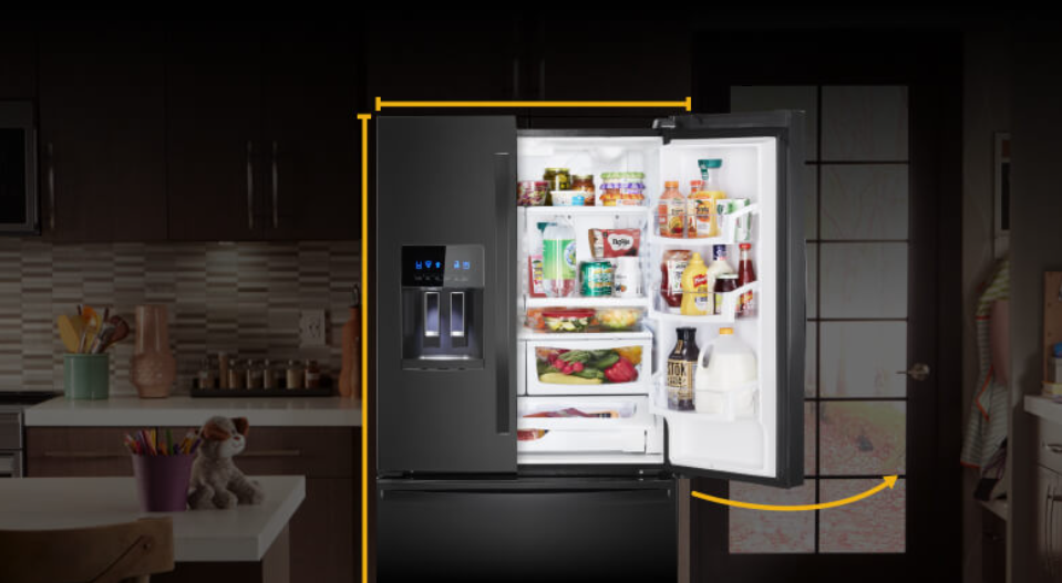 A French door refrigerator with lines showing space considerations