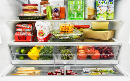 The inside of a refrigerator filled with food