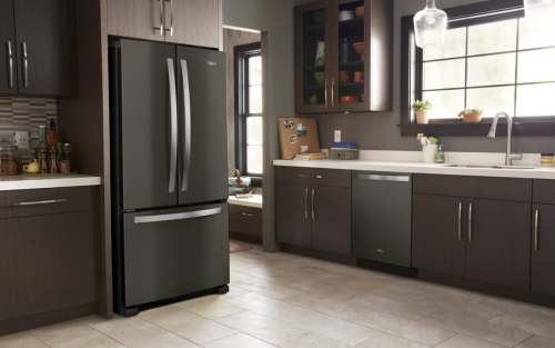Whirlpool® French door refrigerator in open kitchen