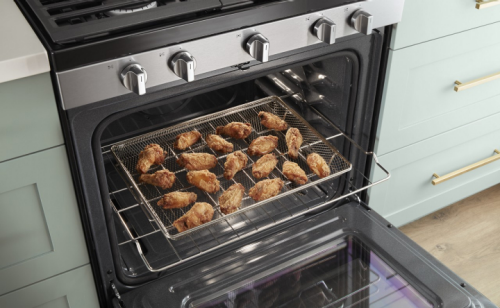 Air fried chicken sitting in an air fryer basket on an oven rack 