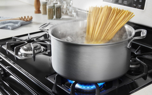 Pasta cooking on a stove