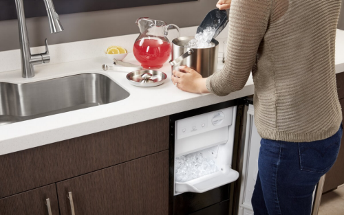 A person filling an ice bucket with ice