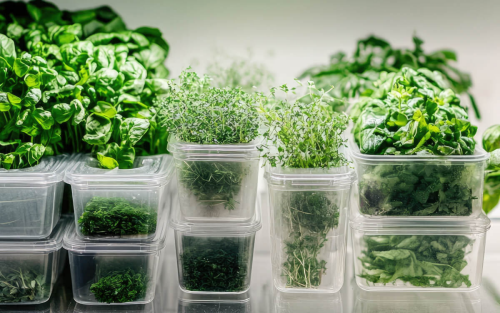 Fresh herbs in plastic containers on a refrigerator shelf