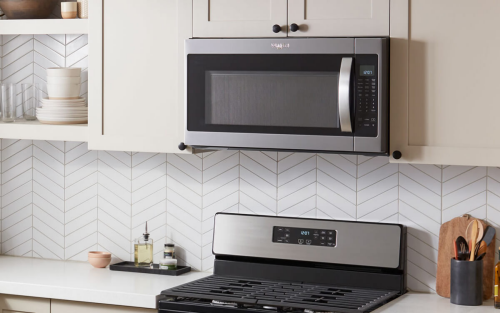 Over-the-range microwave in a bright kitchen