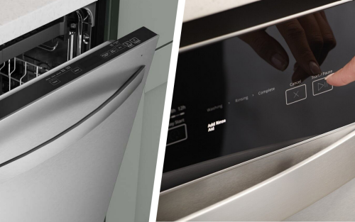 Close up of a top control dishwasher and a front control dishwasher.